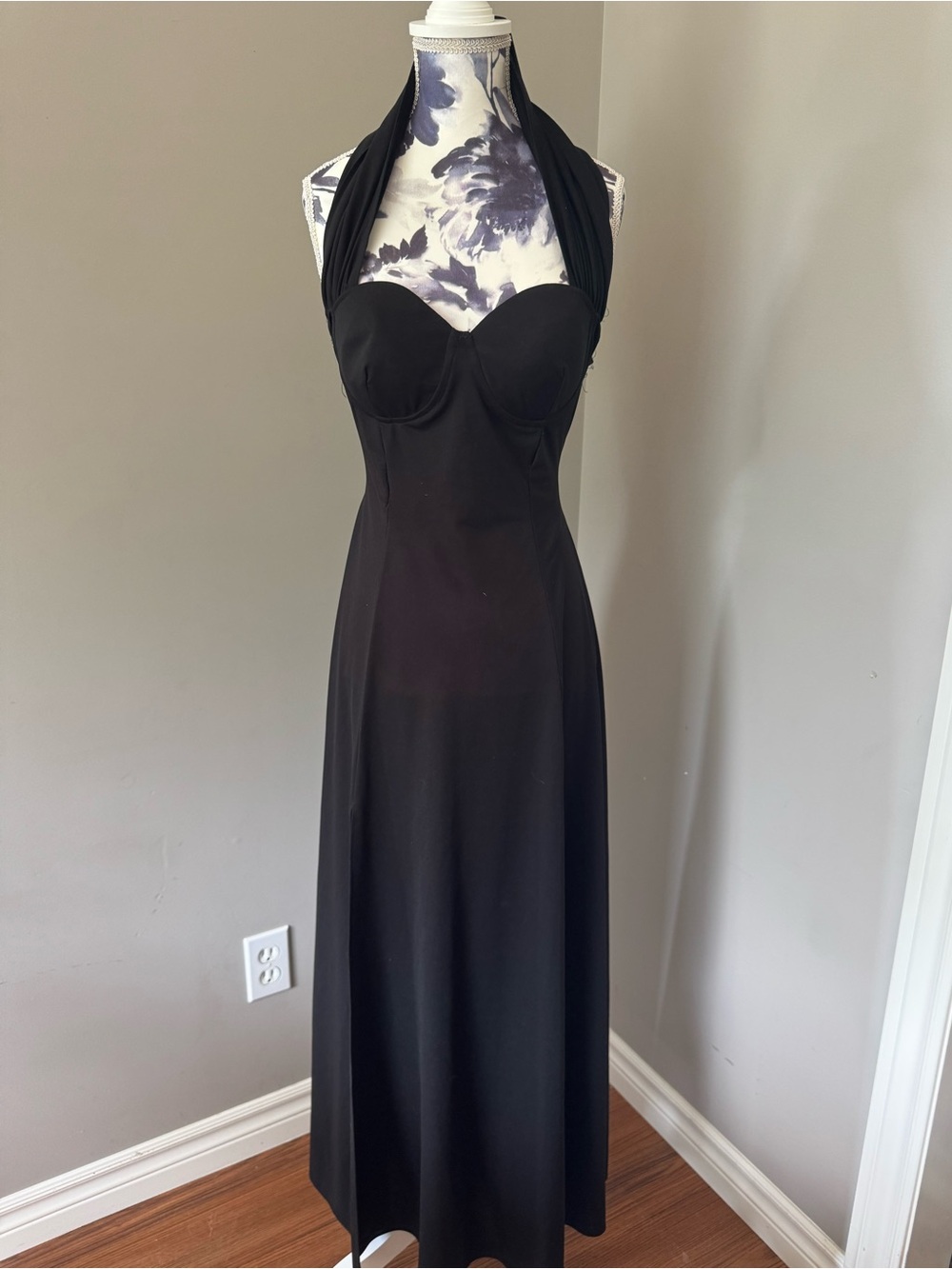 RARE Vintage Powerline Black Halter Evening Dress With Double Slits